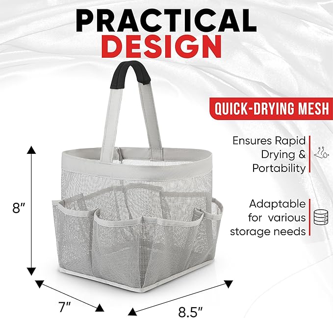 Masirs Mesh Shower Caddy - 9 Pocket Portable Bathroom Organizer Tote for Travel, Gym & Dorm - Collapsible Small Shower Caddy Bag to Hold Toiletries & Essentials (Gray)