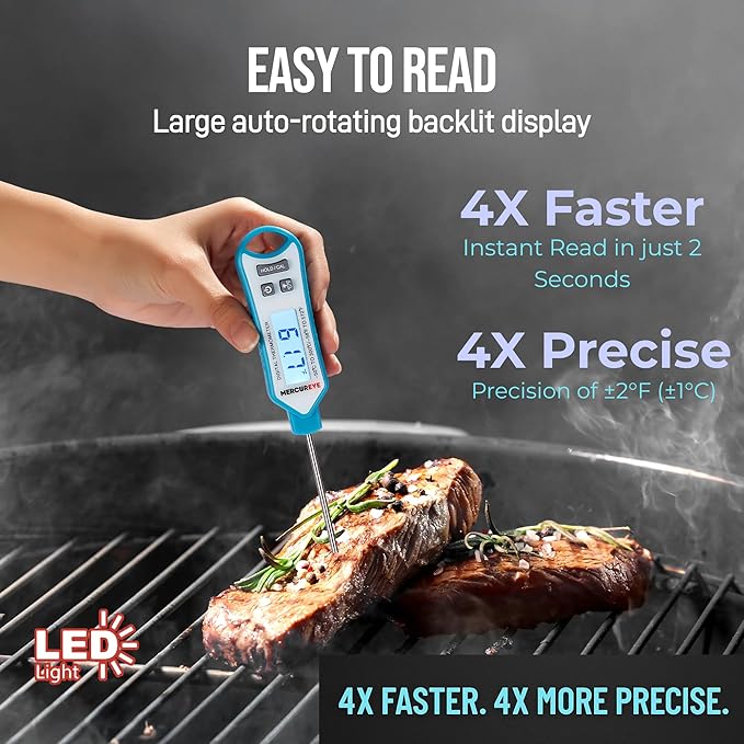 MERCUREYE Meat Thermometer Digital, Instant Read Food Thermometer – Waterproof Nonslip Grip Kitchen Timer & Temp Chart Thermometer for Cooking Candy, Oil Fry Indoor & Outdoor Grilling Smoker Roast