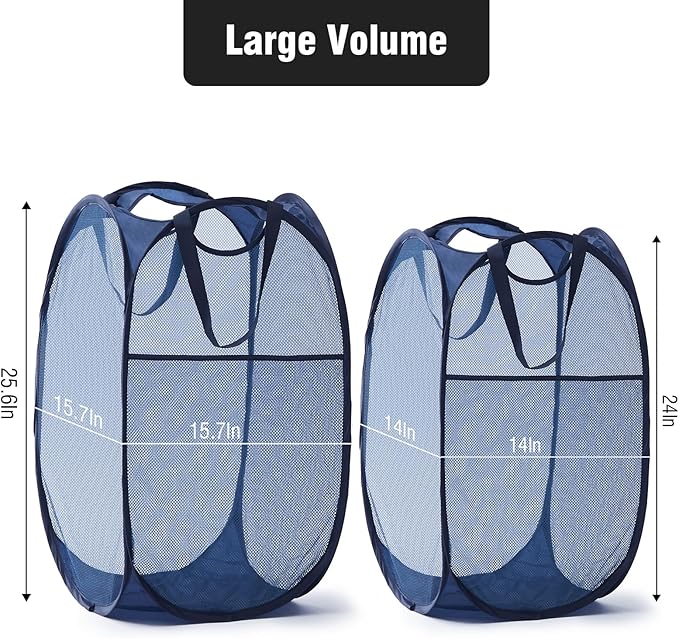 TECHMILLY Upgraded 105L Collapsible Mesh Pop Up Laundry Hamper with Sturdy Handles and Side Pocket - Portable Foldable Clothes Baskets for Dorm, Bathroom & Travel Storage (Blue Plus)