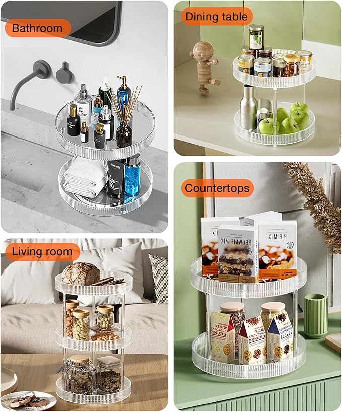 3 Tier Lazy Susan Bathroom Countertop Organizer, 360° Clear Rotating Makeup Cosmetic Perfume Storage Tray, Spinning Vanity Organizer Shelf for Bathroom Cabinet, Dresser, Kitchen(Large)