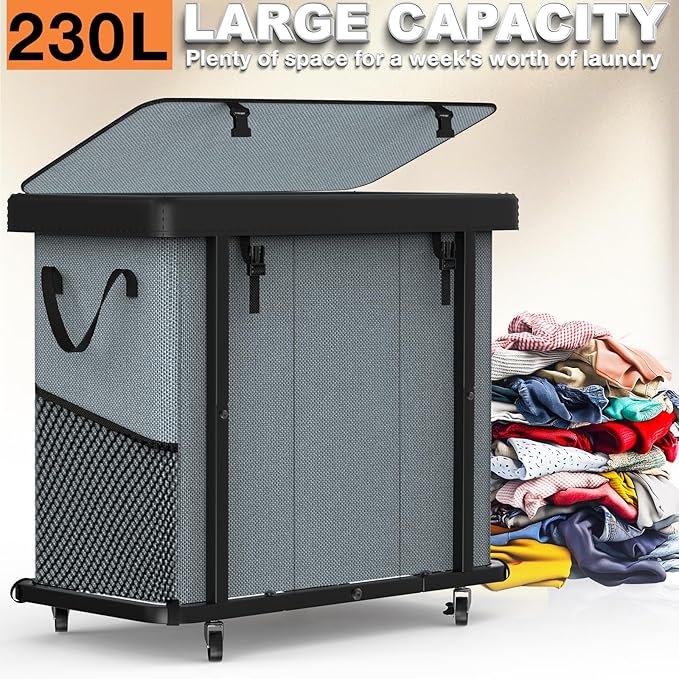 230L (60 Gal) Large Fashion Laundry Basket with Wheels, Leather Patchwork Laundry Sorter 3 Section, Sturdy Metal Frame, Removable Washable Bag, Tall Clothes Sorter for Bedroom - Gray