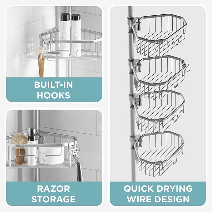 Zenna Home Tension Pole Shower Caddy Corner Organizer, Adjustable Standing Shower Caddy with 4 Shelves, Rustproof Bathroom Tension Rod Organizer, 60 to 108 Inch, Satin Chrome