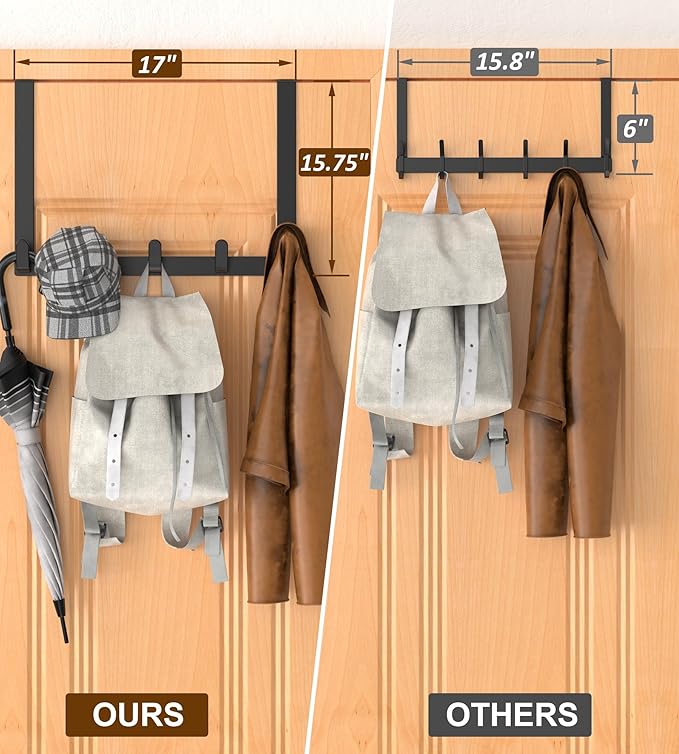 Long Over The Door Hooks with 15.75-inch Arms for Easier Access by Women, Heavy Duty Door Hanger for Winter Coat, L16U, Fits Standard 1 3/8'' Doors, Towel Racks Organization, Black