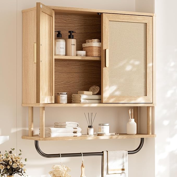 Rattan Bathroom Wall Cabinet with Towel Bar, Wall-Mounted Medicine Cabinet with Adjustable Wood Shelf & Doors, Over The Toilet Storage Cabinet for Laundry Room & Kitchen & Living Room