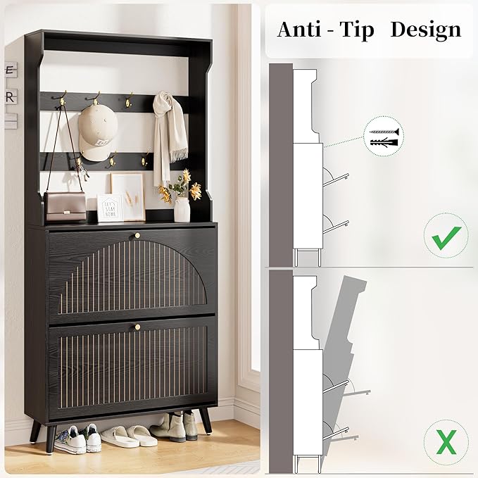 Shoe Cabinet for Entryway with 2 Flip Drawers & Coat Rack, Narrow Hidden Shoe Storage Cabinet with Fluted Panel, 2-in-1 Hall Tree Slim Freestanding Shoe Rack Organizer for Hallway, Black