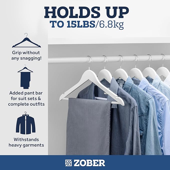 ZOBER White Wooden Hangers - Heavy Duty, Non Slip Wood Hangers for Coats, Jackets, Suits, & Pants - Coat Hangers for Closet W/Bar and Notches 20 Pack