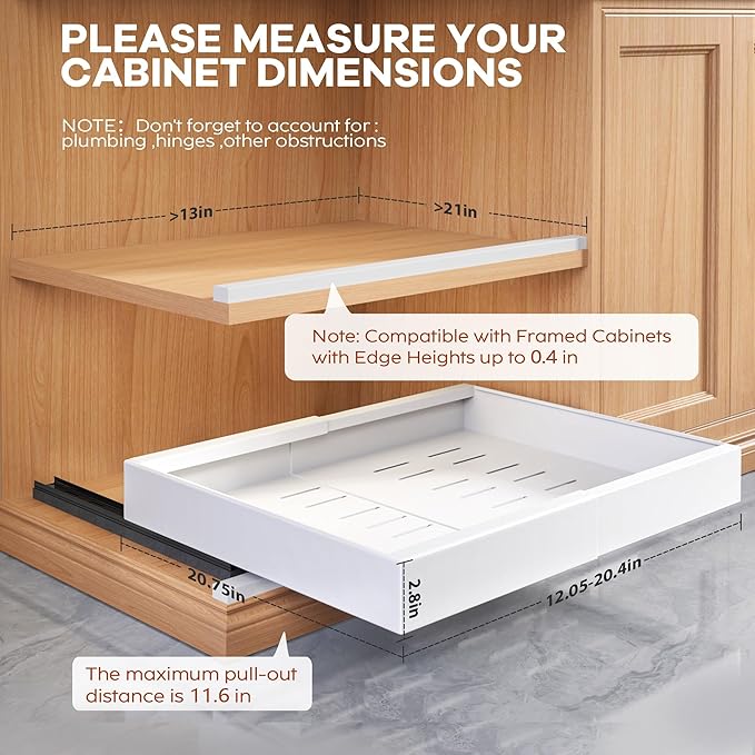 2Pack Expandable Pull Out Cabinet Organizer 21"Deep With Raising Pad for Framed Cabinets, Upgrade 3 Slide Rails Slide Out Drawers, Roll Out Shelves Adhesive,Adjustable Width 12.05"-20.4"White