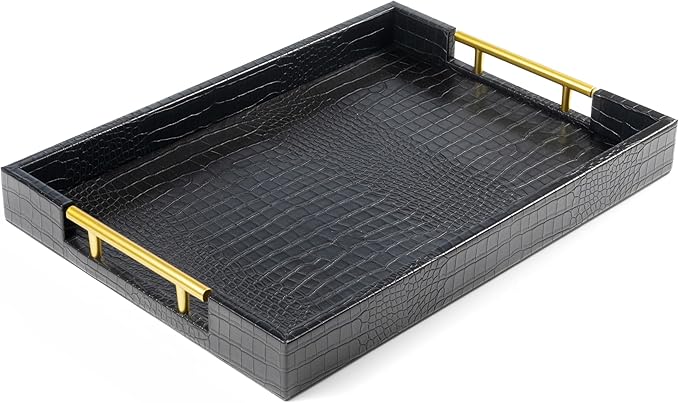ATZYmolin 17"x12" Leather Serving Tray, Gold Handle Vanity Platter, Gold