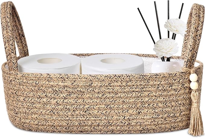 ABenkle Small Storage Basket for Toilet Tank Top - Jute Rope Woven Organizer with Handle, Boho Countertop Bathroom Decor, Toilet Paper Holder, 13x6x4 Inch