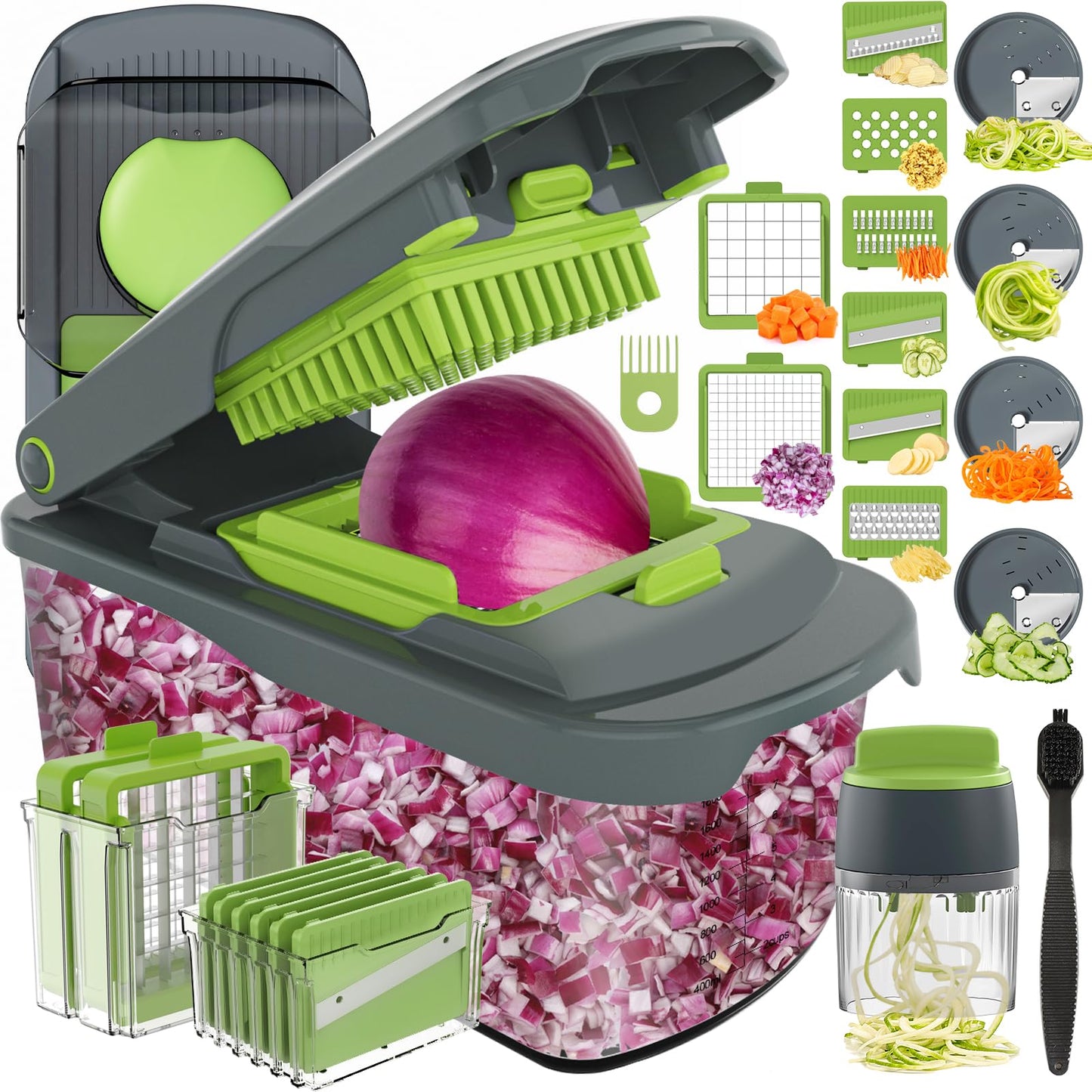 Ourokhome Onion Chopper Dicer with Container, Manual Food Cutter with Handheld Veggie Spiral, Hand Vegetable Mandolin slicer for Potato, Tomato, Carrot, Essential Kitchen Gadget (6 in 1, Gray)
