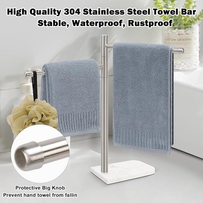 Standing Hand Towel Holder, Hand Towel Stand with Marble Base, 304 Stainless Steel Towel Rack with 2 Swivel Arm, Countertop Stand Towel Ring Towel Bar for Bathroom (Brushed Nickel