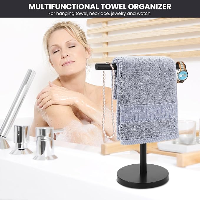T-Shape Bath Hand Towel Holder Stand, Stainless Steel Free Standing Hand Towel Rack with Heavy Base, for Bathroom Kitchen & Countertop, Matte Black