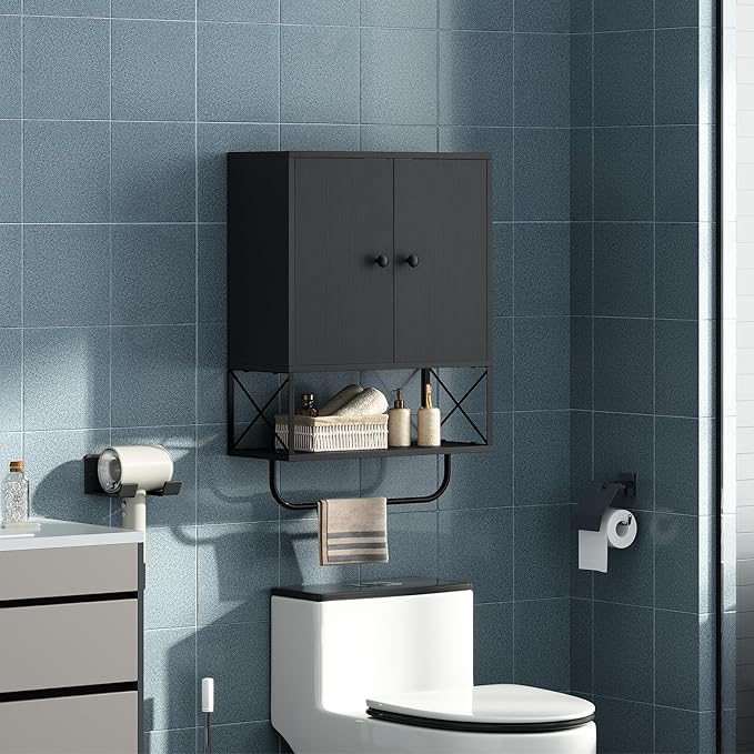 Bathroom Wall Cabinet with 2 Door and Adjustable Shelf, Farmhouse Medicine Cabinet with Towel Rack, 3-Tier Wall Mounted Storage Cabinet Over The Toilet for Bathroom, 18.9" L, Black