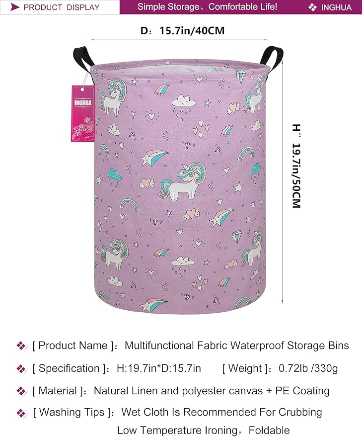 Laundry Hamper Large Canvas Fabric Lightweight Storage Basket/Toy Organizer/Dirty Clothes Collapsible Waterproof for College Dorms, Boys and Girls Bedroom,Bathroom(Unicorn)