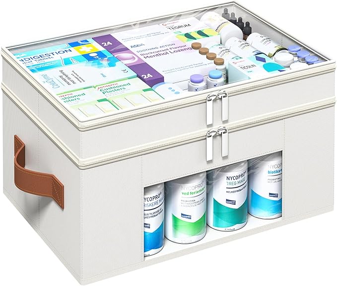 Medicine Organizer for Cabinet, 2-Tier Foldable Medicine Storage Box with Clear Cover and Leather Handle, Empty First Aid Kit for Home and Travel