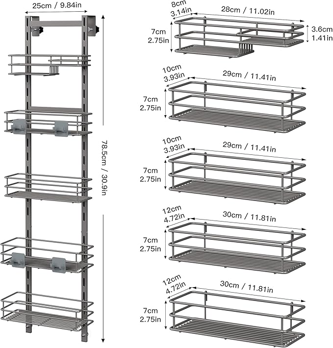 Orimade Over The Door Shower Caddy Adjustable 5 Tier Dark Grey,Bathroom Hanging Organizer Shelf Rustproof with 4 Hooks,Shower Basket with Soap Holder and Suction Cup