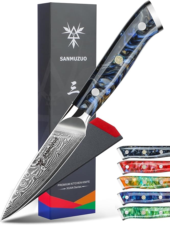 SANMUZUO 3.5 Inch Paring Knife - Kitchen Fruit Vegetable Knife Damascus Steel & Resin Handle - Xuan Series (Fantasy Orange)