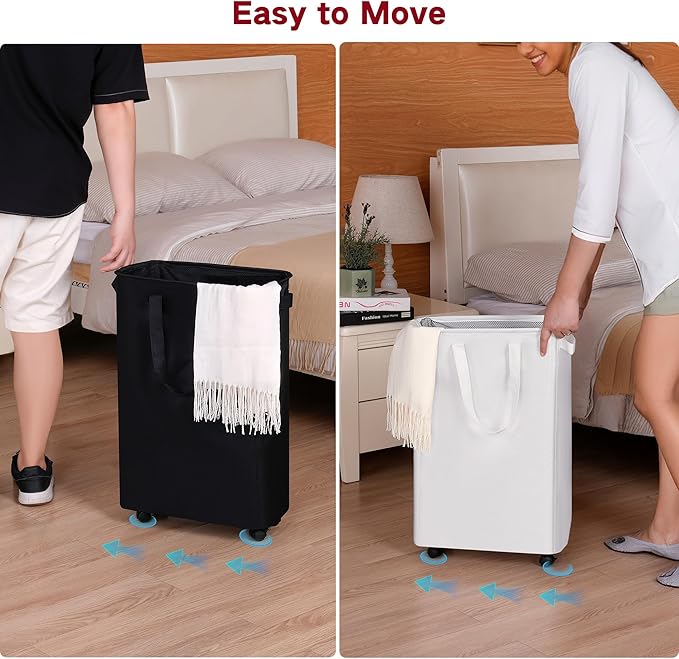 efluky Slim Laundry Hamper with Wheels, Rolling Laundry Basket for Clothes, Small Laundry Basket for Bedroom, Dorm and Laundry Room, 60L (12.7 Gallons) White