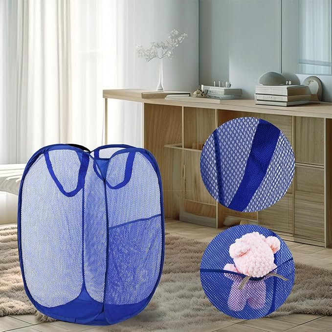 Pop Up Laundry Hamper, Mesh Laundry Basket Collapsible, Foldable Hamper for Travel and Storage (Blue)