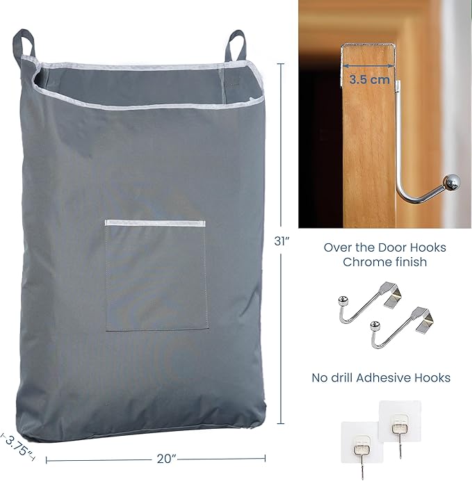 The Fine Living Co. X-Large Hanging Laundry Hamper with Over Door Hooks & Adhesive, Durable Space Saving Laundry Bag with Zipper and Wide Open Top,Hanging Dorm Laundry Hamper 20"x3.75"x31" (Gray-XL)