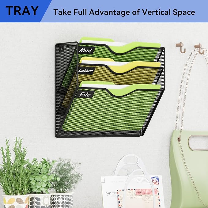 3 Pockets Hanging Wall File Organizer Mail Holder, Wall Mounted Paper Document Folder Holder, Clipboard Storage Organization Magazine Rack, Black