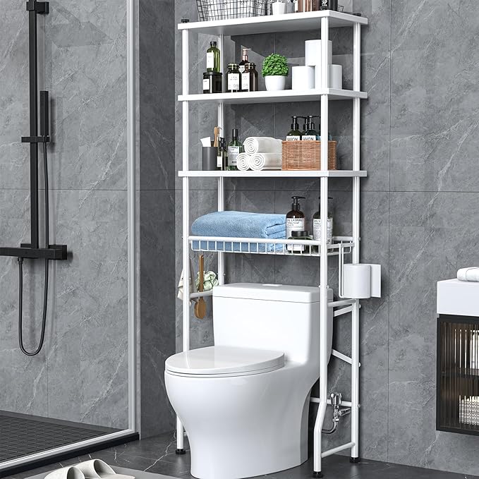 Over the Toilet Storage shelf, 4-Tier Bathroom Organizer Rack, Easy To Install with Adjustable Feet Pad and Basket Freestanding Bathroom Shelves Above Toilet, Space Saver Toilet Storage Cabinet(White)