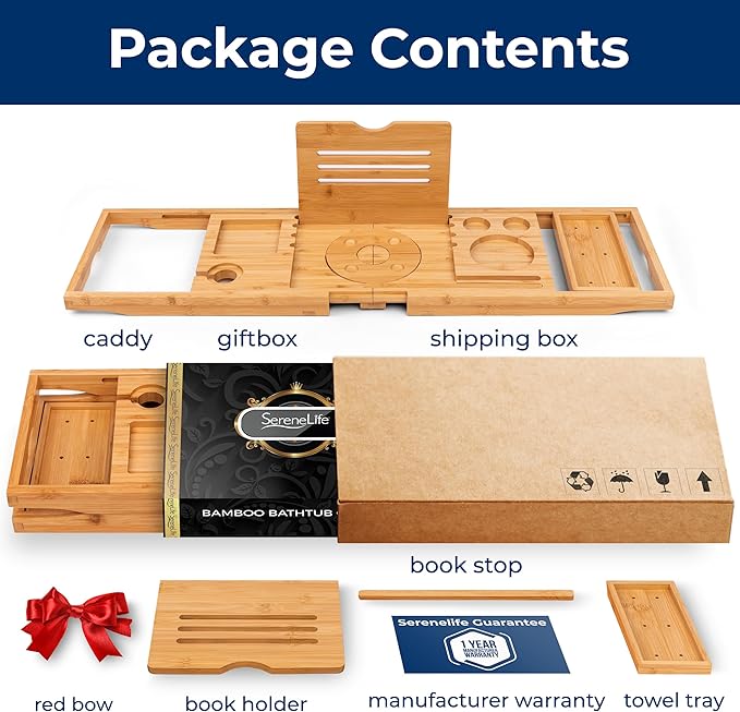 SereneLife Premium Foldable Bathtub Tray with Gift Box and Bow Set, Expandable Bath Tray, Unique House Warming Gifts, for Mom, Women, New Home, Wedding, Anniversary, Bridal Shower, Fit for All Tub