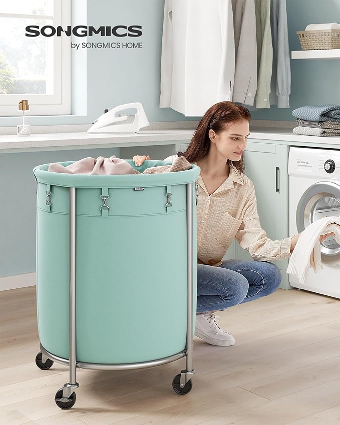 SONGMICS 50.2-Gallon (190 L) Laundry Basket with Wheels, Rolling Round Heavy-Duty Laundry Hamper Cart with Steel Frame and Removable Bag, 2 Locking Wheels, Mint Green and Metallic Silver URLS001C01