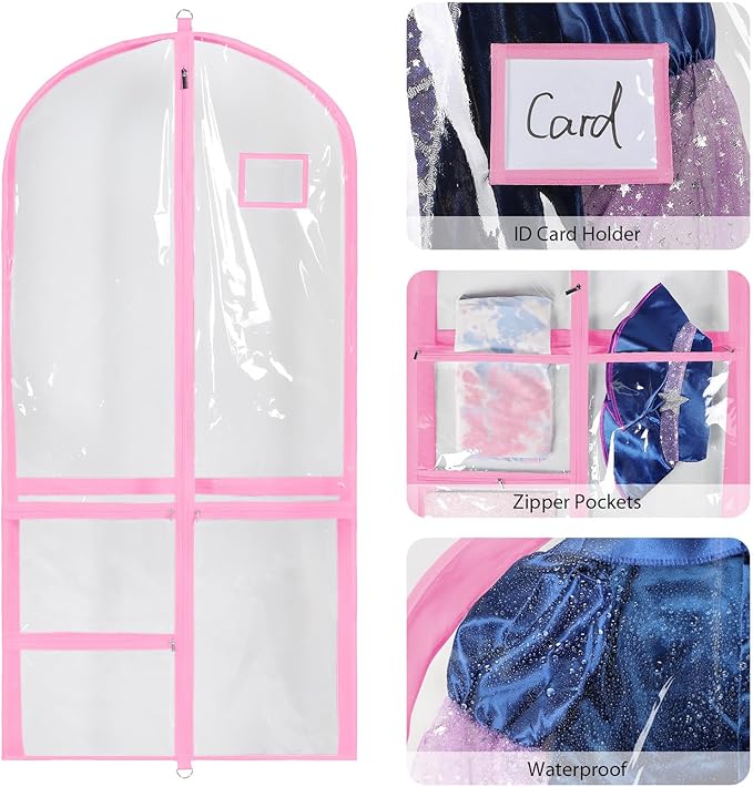 Univivi Clear PVC Dance Costume Bags 50 Inch Garment Bag for Dance Competitions, with 3 Seperated Medium Clear Zipper Pockets and 1 Large Back Zippered Pocket (Pink)