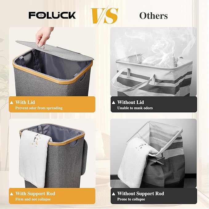 Large Laundry Hamper, 75L Waterproof Laundry Basket with Lid and Removable Bag, Collapsible Tall Clothes Hamper with Bamboo Handles for Clothes Toys in Dorm Bedroom Bathroom, Grey