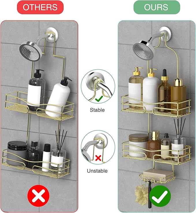 Over the Shower Head Caddy - 3 Tier Shower Caddy Hanging, Gold Bathroom Organizer with Soap Holder & Hooks