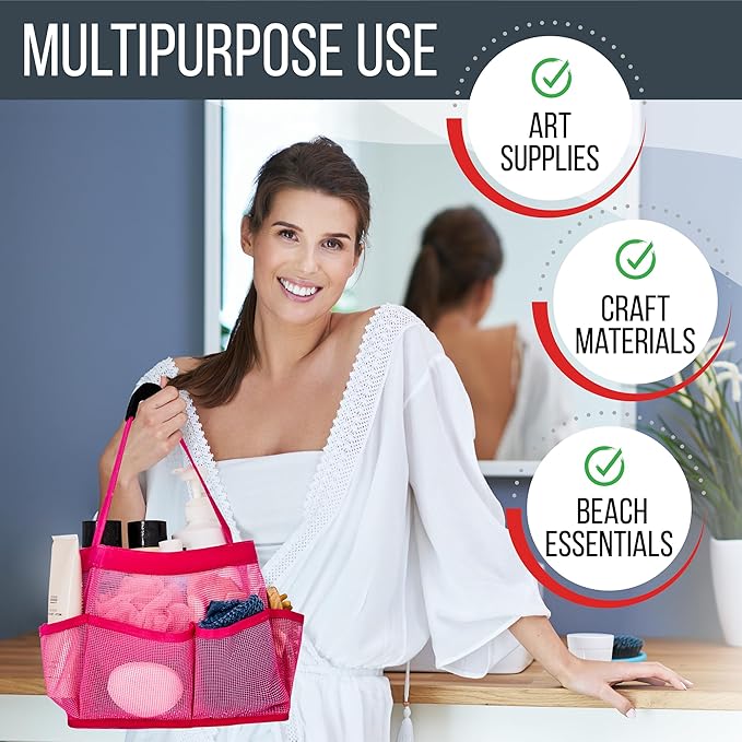 Masirs Shower Caddy Mesh - 9 Pocket Portable Bathroom Organizer Tote for Travel, Gym & Dorm - Collapsible Small Shower Caddy Bag to Hold Toiletries & Essentials (Pink)