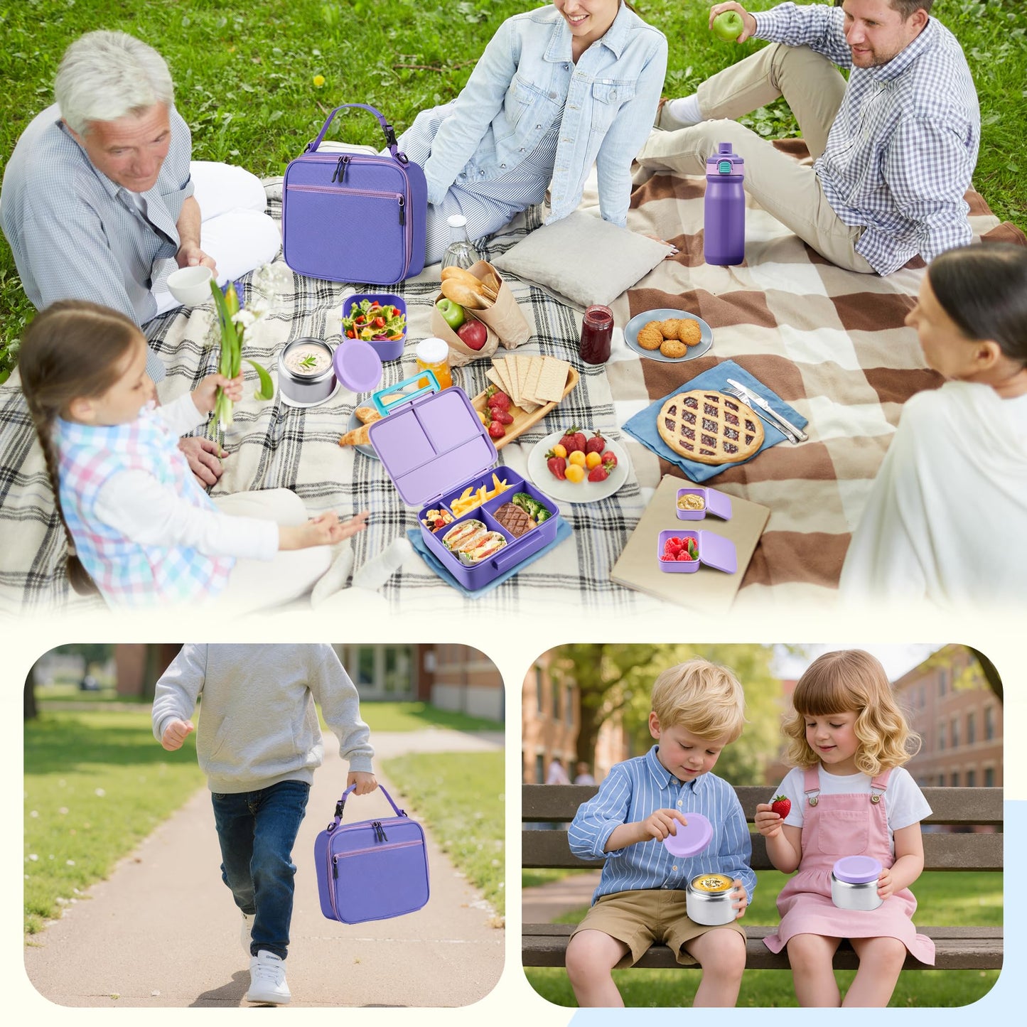 Bento Lunch Box for Kids with 8oz Soup Thermo, Leak-proof Lunch Food Containers with 5 Compartment, Insulated Lunch Bag & 17oz Stainless Steel Water Bottle for School, Trvael