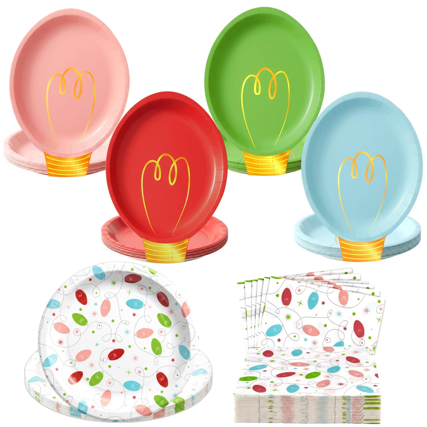 Christmas Plates and Napkins, Light Bulb Party Tableware Set, Serves 25