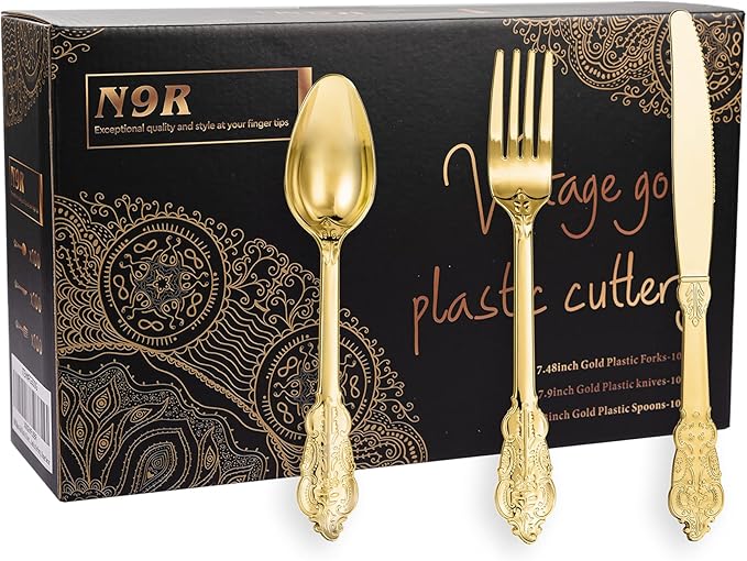 N9R 300PCS Silver Plastic Silverware, Vintage Disposable Utensils & Cutlery