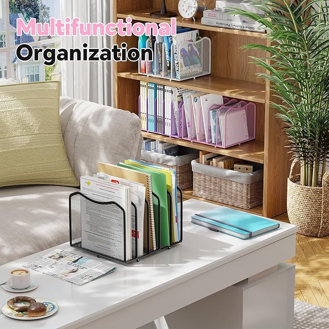 Simple Trending Mesh Desktop File Sorter Organizer, 5-Section Bookshelf for Desk Home Office, Pink