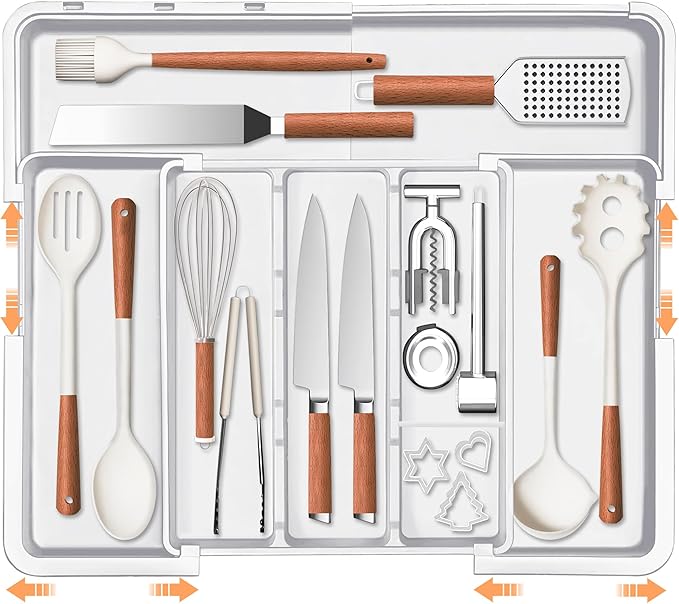 Spaclear Large Utensil Drawer Organizer Expandable Silverware Organizer for Kitchen Drawer Adjustable Cooking Utensil Holder Cutlery Flatware Tray Spatula Tools Gadgets Storage Dividers Plastic Pink