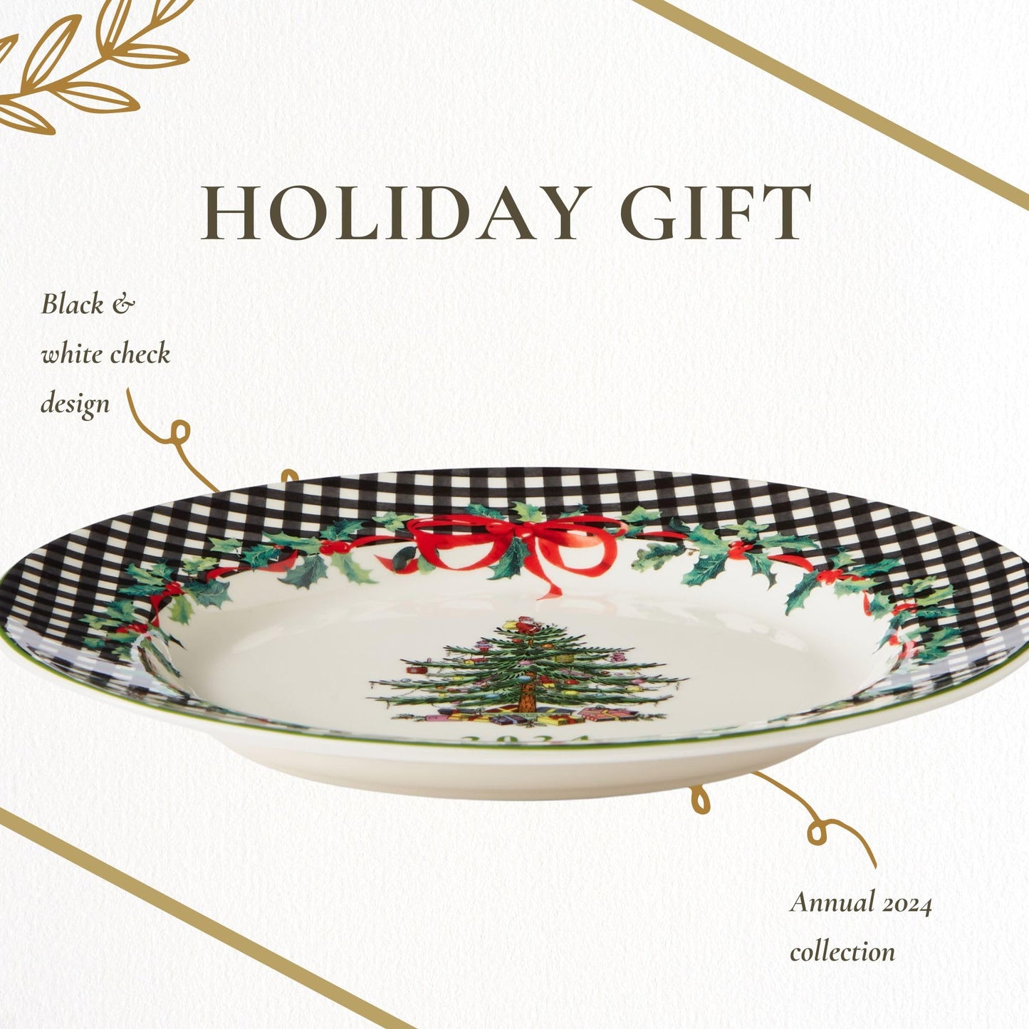 Spode Christmas Tree Collector Plate - Exclusive Border with Red Ribbon & Black Check, Seasonal Display or Holiday Tableware Use, 8" Porcelain Plate - Microwave & Dishwasher Safe, Great Holiday Gift