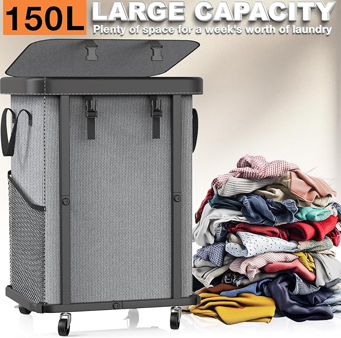 150L (40 Gal) Large Fashion Laundry Basket with Wheels, Leather Patchwork Rolling Hamper Carts, Sturdy Metal Frame, Removable Washable Bag, Tall Clothes Sorter for Bedroom, Laundry Room - Gary