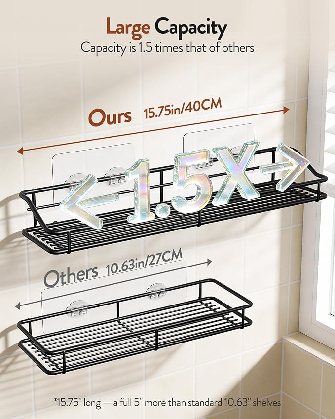 Orimade Adhesive Bathroom Shelf Organizer Shower Caddy Storage Basket Kitchen Spice Rack No Drilling SUS304 Stainless Steel Rustproof, 15.75 inch, Black