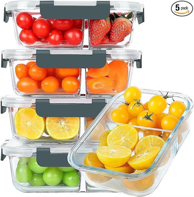 KOMUEE 30 oz 5 Pack Glass Meal Prep Containers 2 Compartments