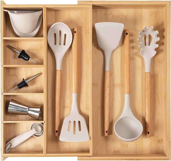 KitchenEdge Utensil & Junk Drawer Organizer, 19-33 in, White Bamboo