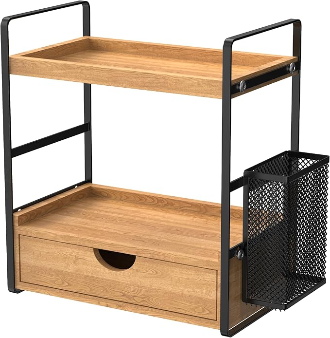 LEMIKKLE 2-Tier Bathroom Organizer with Drawers and Baskets, Multi-Purpose Makeup Organizer Countertop, Large Skincare Organizers, Exquisite Vanity Organizer,Wood