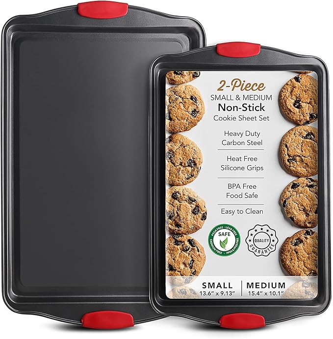 Eatex Nonstick Baking Sheet Set, 3-Piece Baking Pans Set with Silicone Handles, Carbon Steel Cookie Sheets for Baking, Commercial Grade Quality Oven Tray, Quarter/Jelly Roll/Half Sheet Pans for Baking