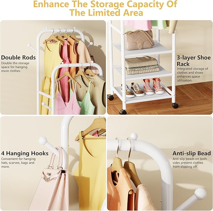 Furologee Portable Clothes Rack for Hanging Clothes, Rolling Clothing Rack With 3-Tier Shelves, Small Garment Rack with Wheels for Bedroom Living Room Laundry Room, White