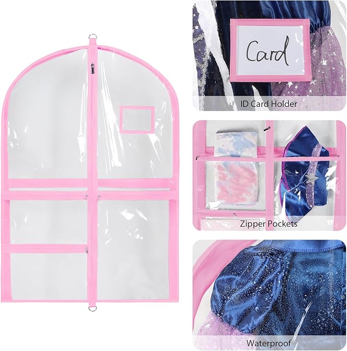 Univivi Clear PVC Dance Costume Bags, 35 Inch Garment Bag for Dance Competitions, with 3 Seperated Medium Clear Zipper Pockets and 1 Large Back Zippered Pocket (Clear/Pink)