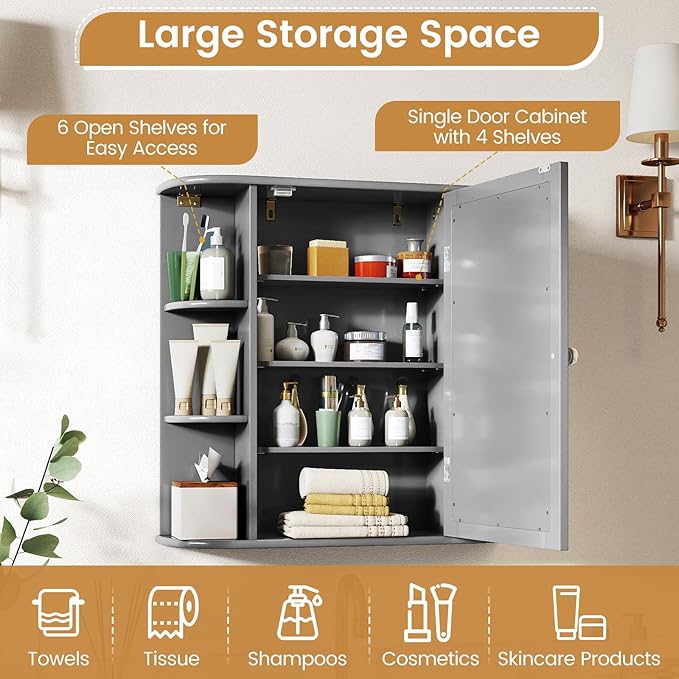 Tangkula Bathroom Wall Cabinet with Mirror, Modern Medicine Cabinet with Mirrored Door, 4 Internal Shelves & 6 Side Open Shelves, Wall Mounted Space-Saving Storage Organizer