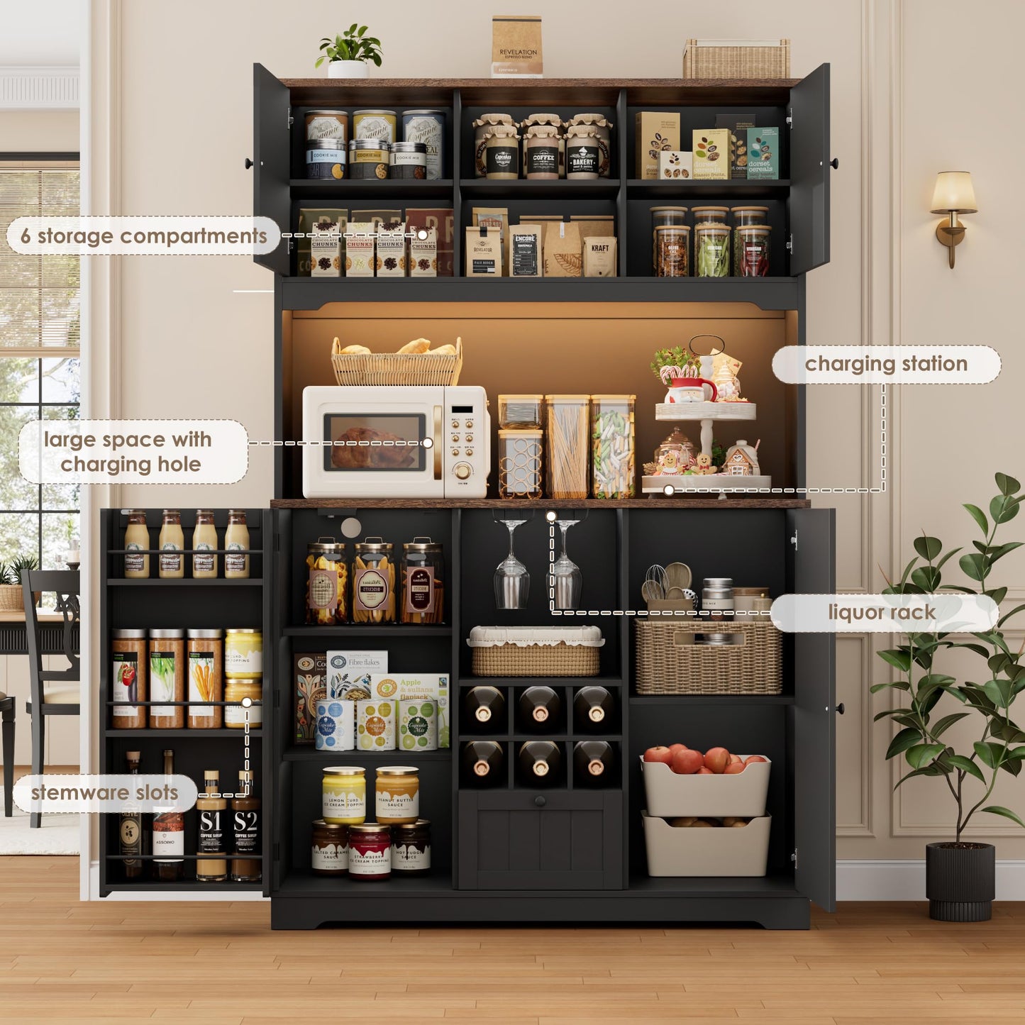 FINETONES 71" Kitchen Pantry Cabinet with LED Light and Charging Station