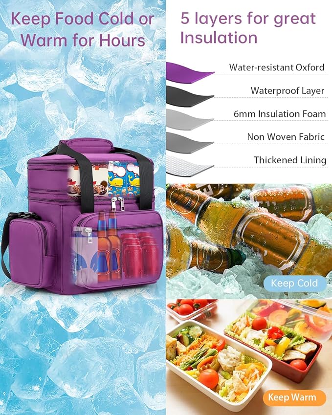 Expandable Insulated Lunch Box, Large Lightweight Lunch Cooler Bag Leakproof Lunch Pail for Women Adults Work Office Outdoor Picnic Trips,16L,Purple