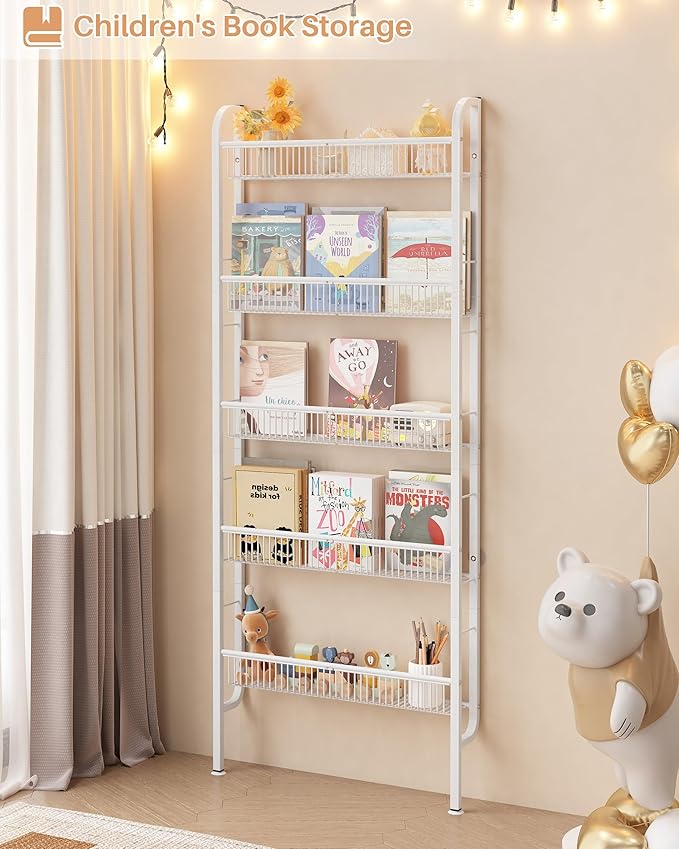 UMDONX Behind The Door Bathroom Shelf Narrow 5-Tier, Space-Saving Slim Storage Shelf Narrow Shelving Unit for Bathroom and Kitchen White